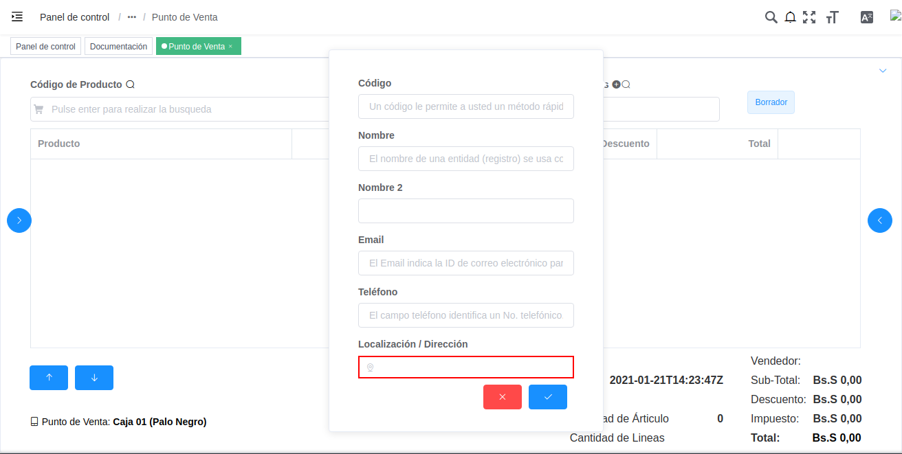 campo localización del registro nuevo del cliente