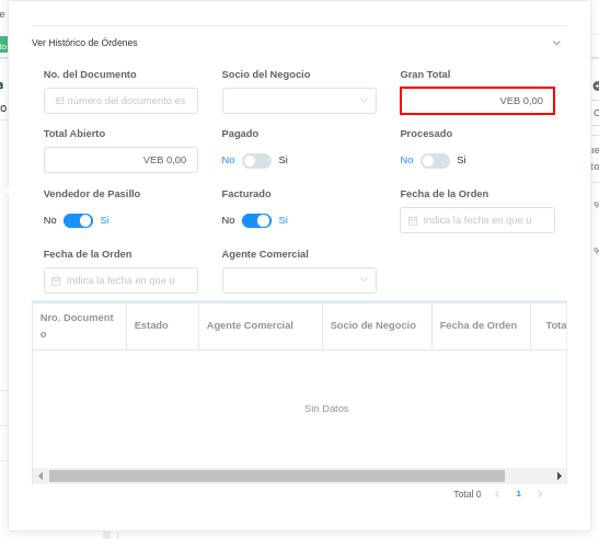 campo gran total de la ventana histórico de órdenes