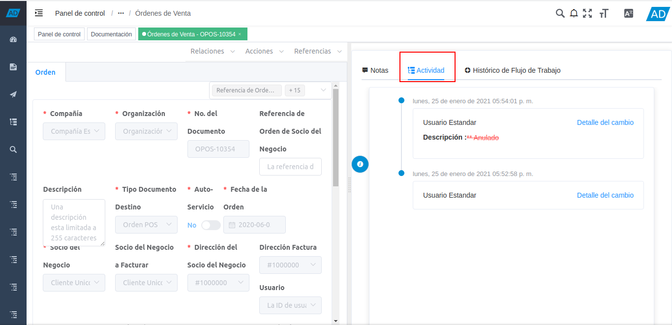 opción actividad del icono i