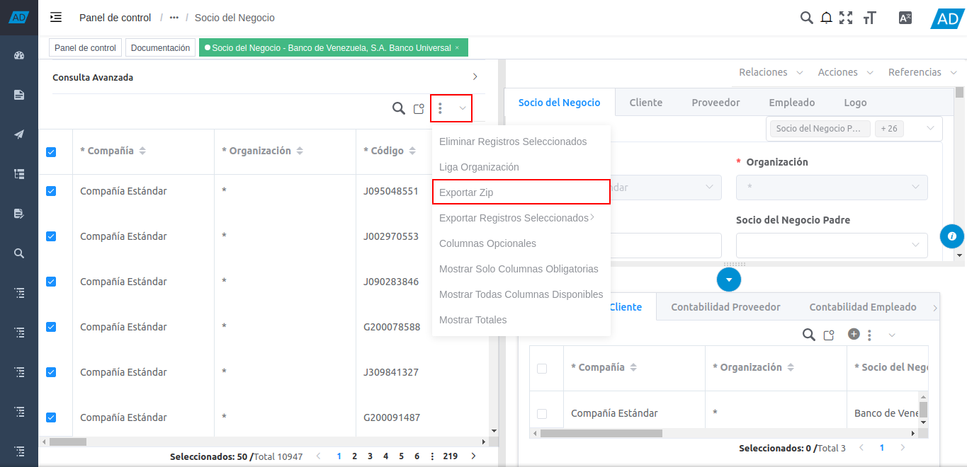 icono opciones y opción zip para todos los registros