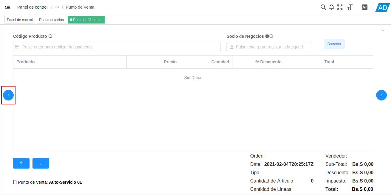 selección de icono mayor que del formulario punto de venta