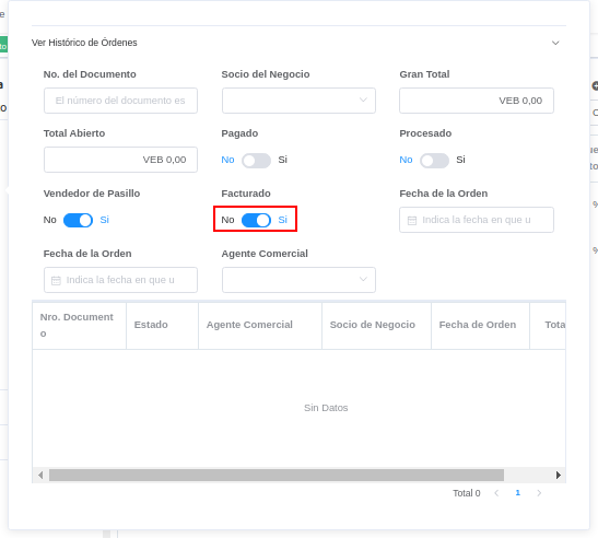 campo facturado de la ventana histórico de órdenes