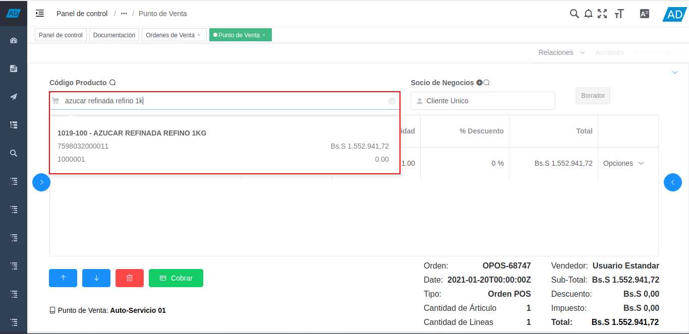 carga de productos desde el panel de búsqueda de productos del formulario punto de venta