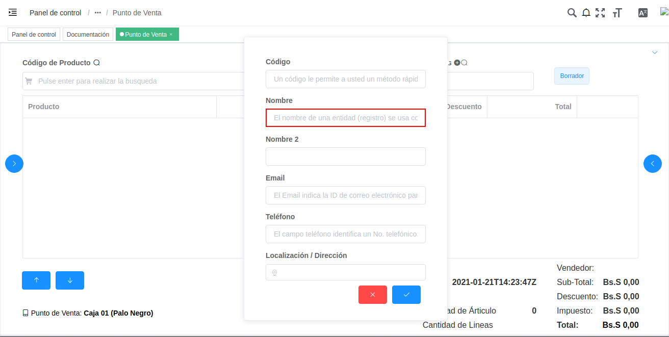 campo nombre del registro nuevo del cliente