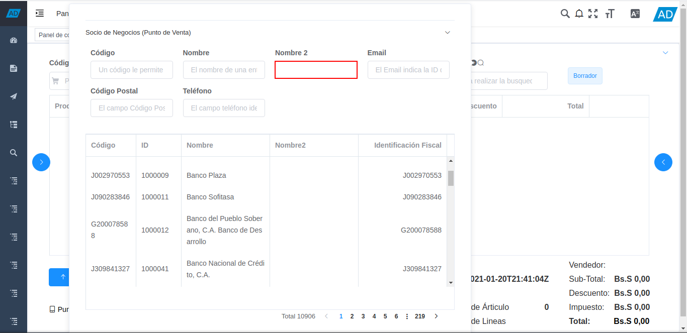 campo nombre dos de la ventana de búsqueda de socios del negocio