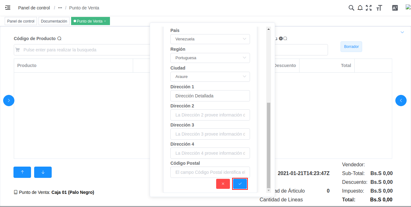 opción ok del registro nuevo del cliente