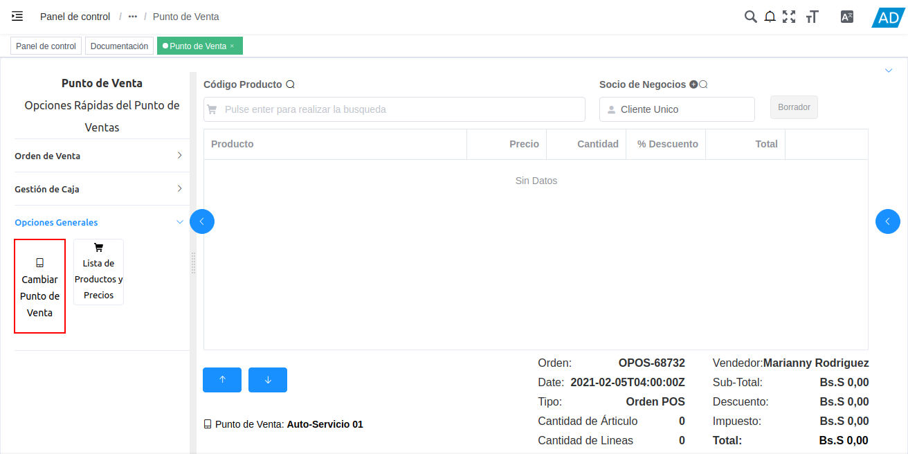 opción cambiar punto de venta