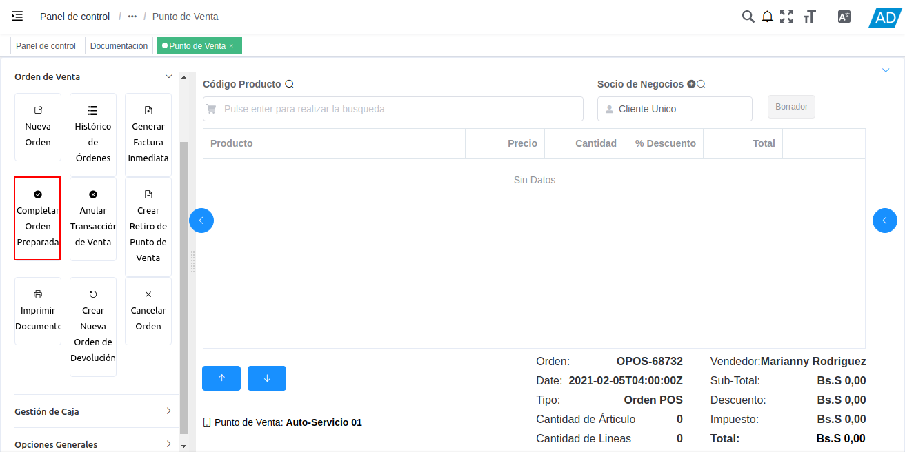 opción completar orden preparada