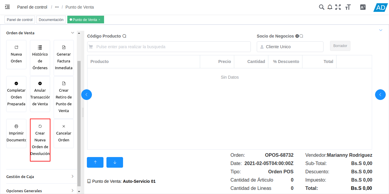 opción crear nueva orden de devolución