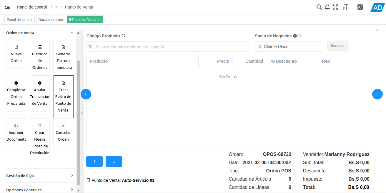 opción crear retiro de punto de venta