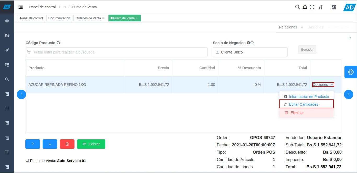 opción editar cantidades del producto del formulario punto de venta