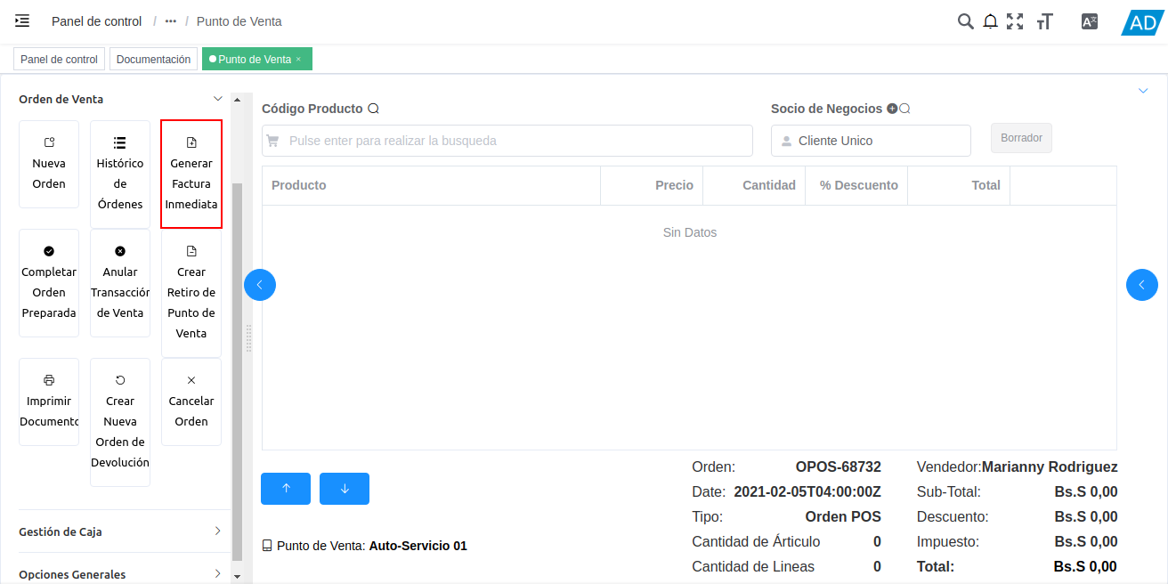 opción generar factura inmediata