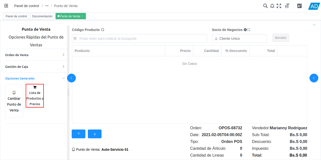 opción lista de productos y precios