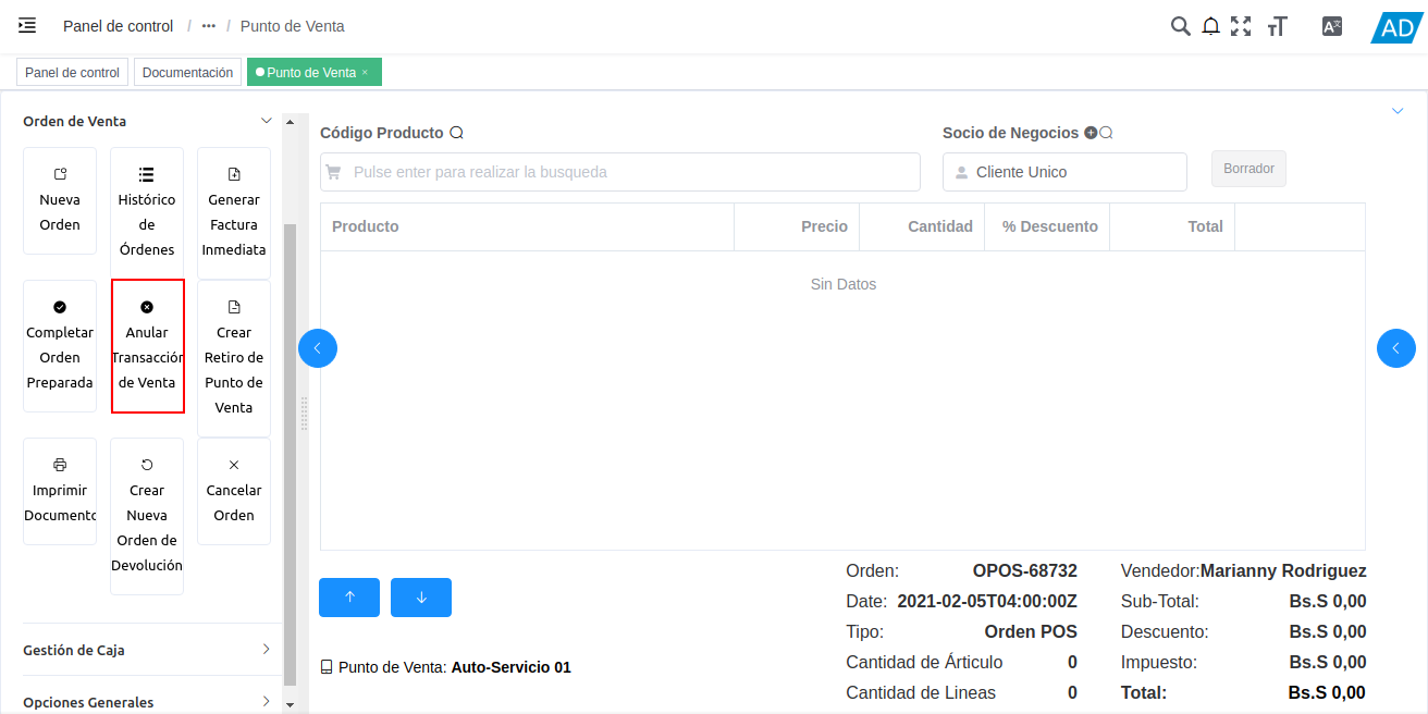 opción anular transacción de venta