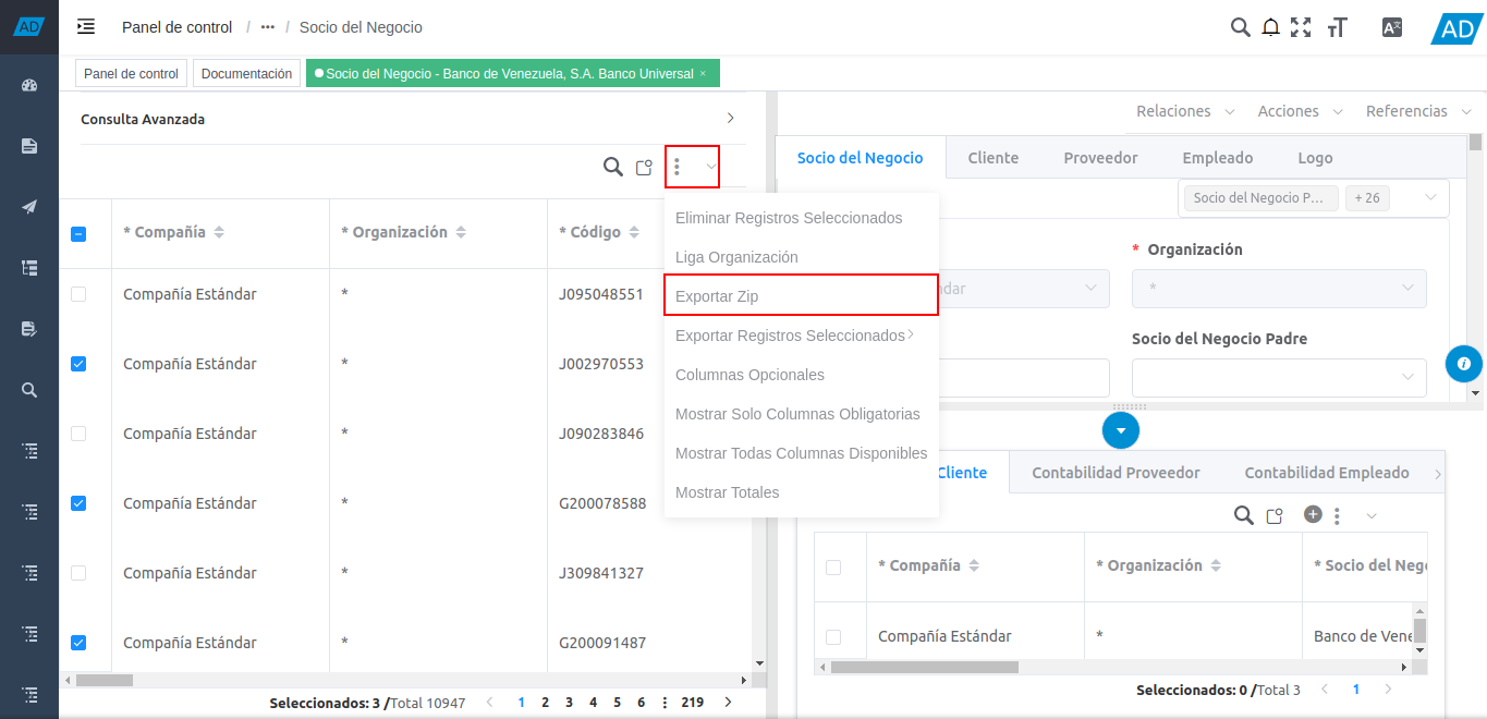 icono opciones y opción zip