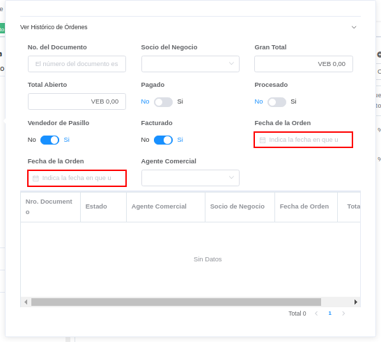 campo fecha de la orden de la ventana histórico de órdenes