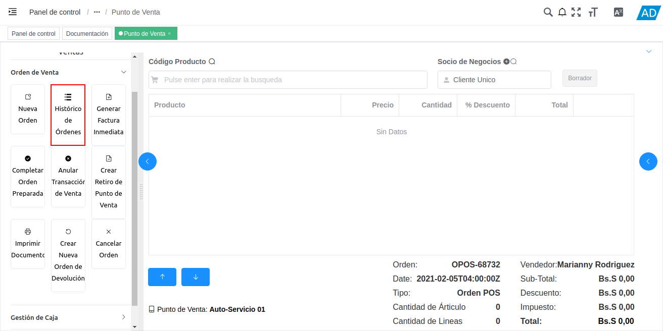 opción histórico de órdenes