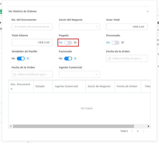 campo pagado de la ventana histórico de órdenes