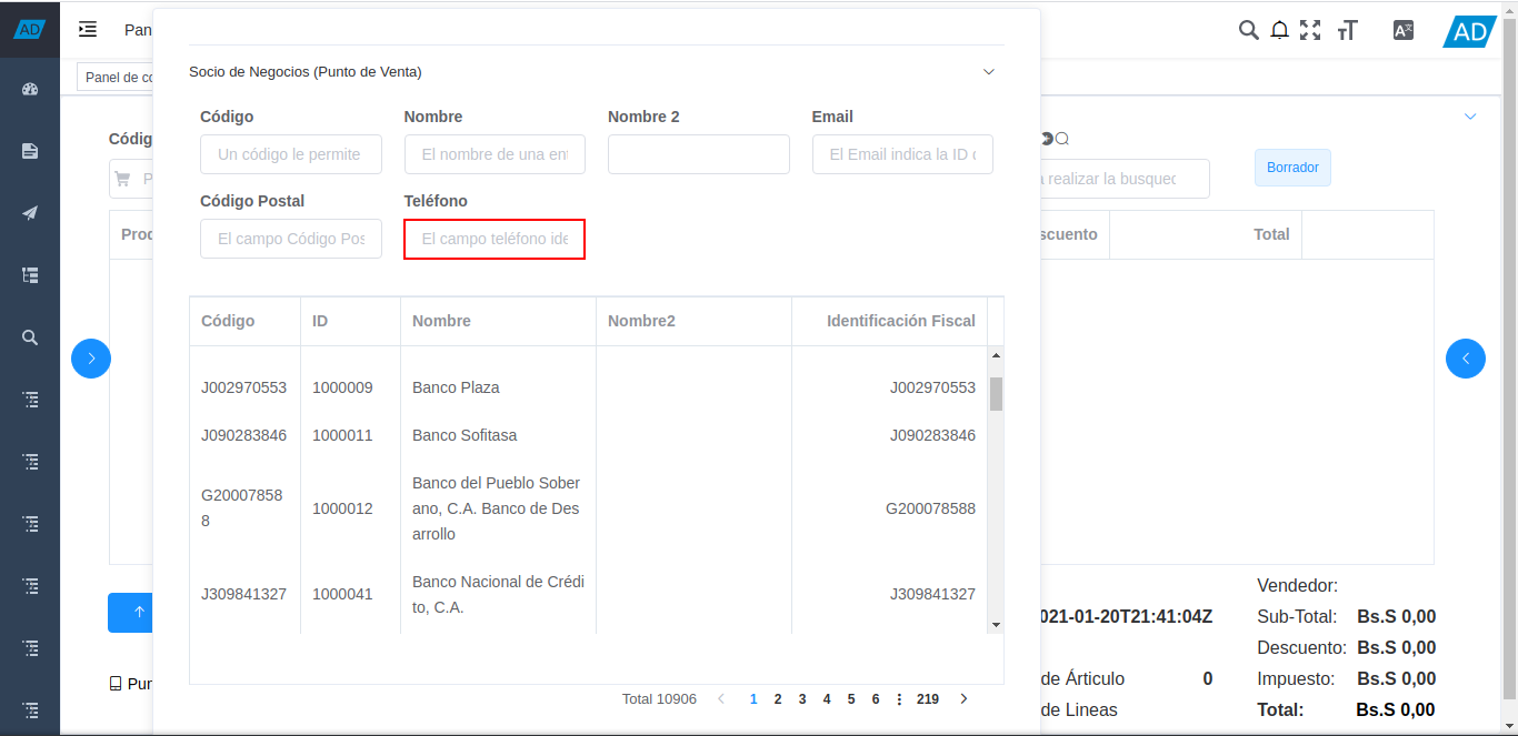 campo teléfono de la ventana de búsqueda de socios del negocio
