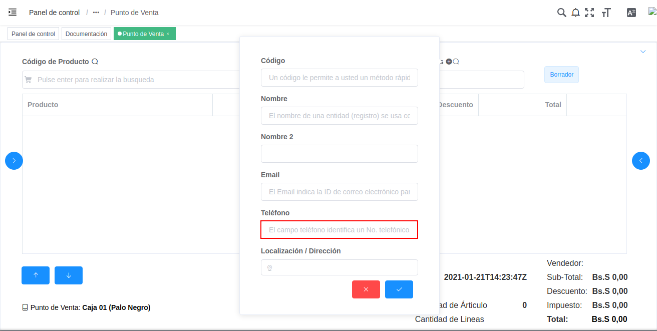 campo teléfono del registro nuevo del cliente
