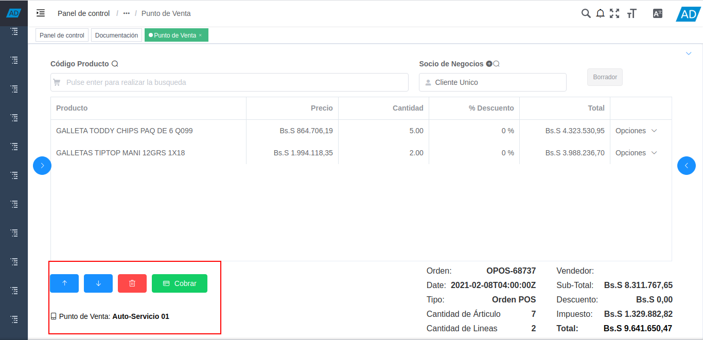 opciones del formulario del punto de venta