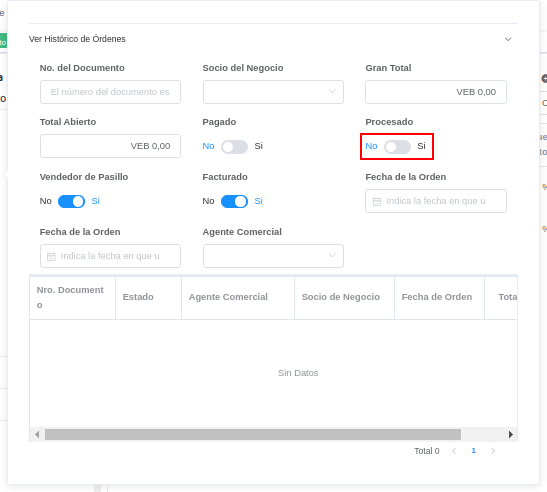 campo procesado de la ventana histórico de órdenes