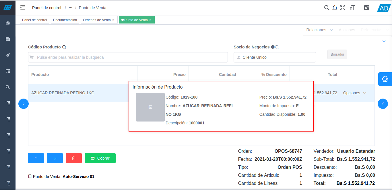 información del producto del formulario punto de venta