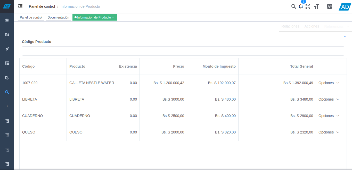ventana de información de productos