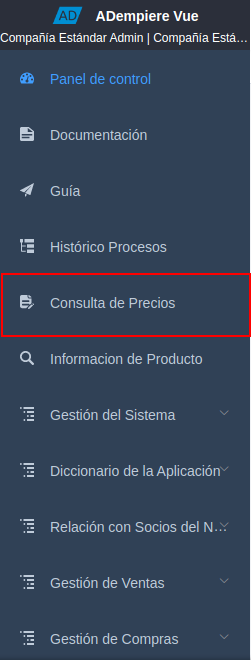 menú de consulta de producto