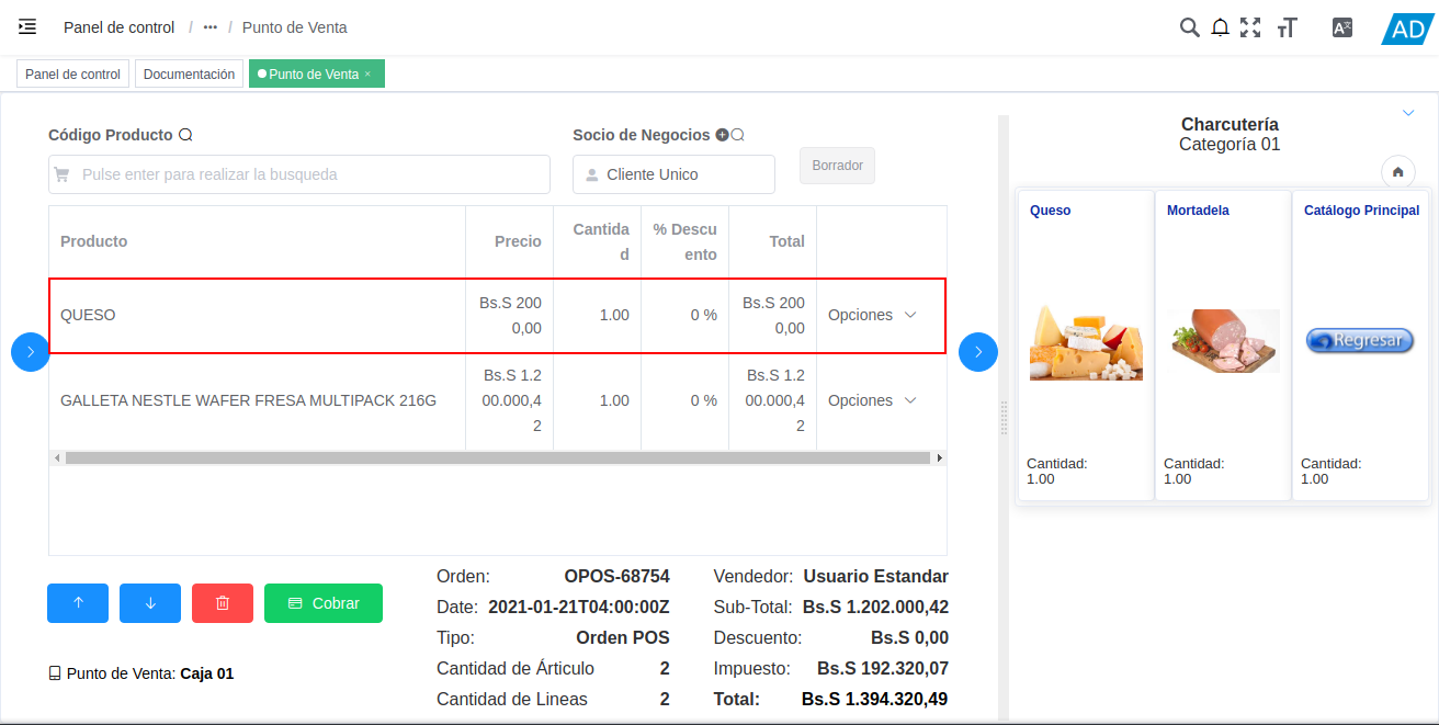 producto cargado desde catálogo de productos