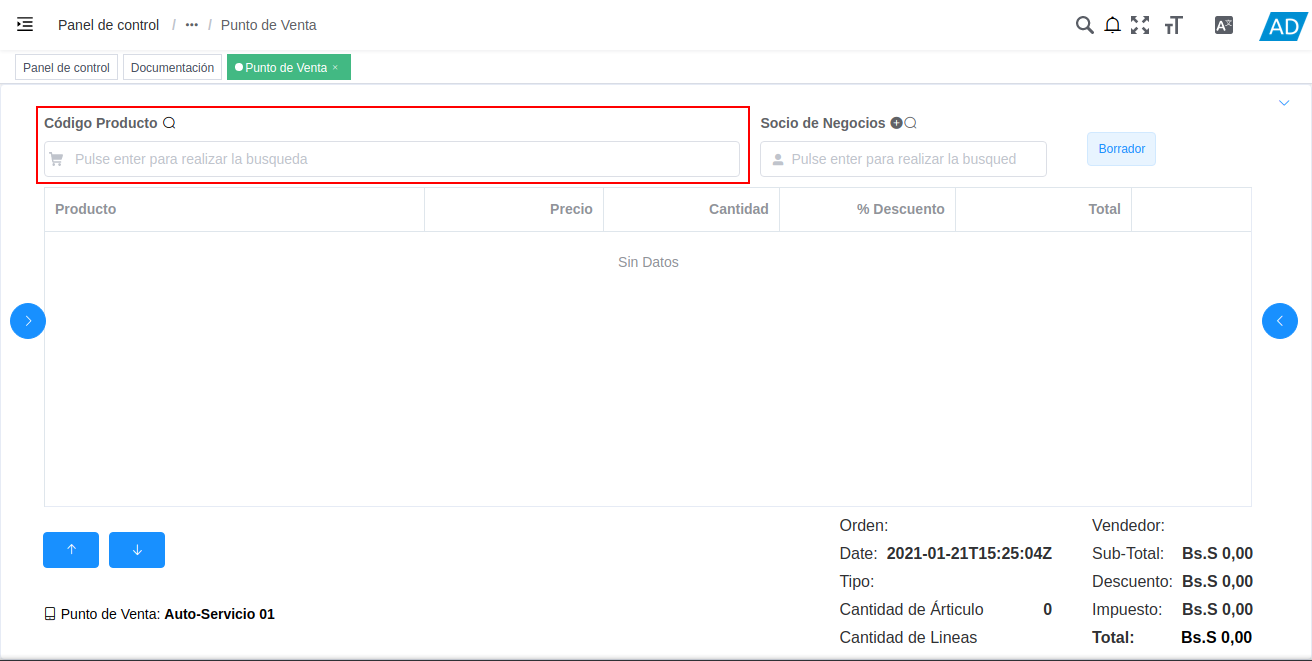 panel de búsqueda de productos
