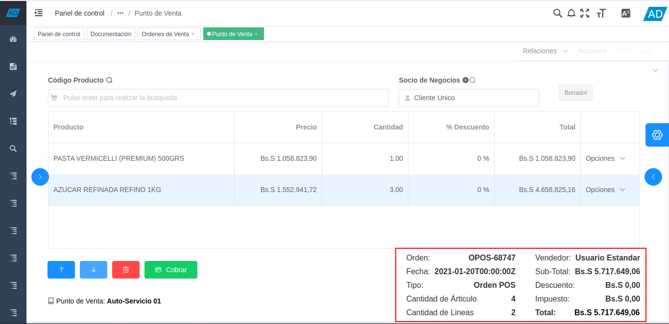 información de la orden de venta del formulario punto de venta