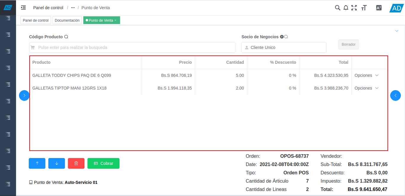 líneas de la orden de venta en el formulario