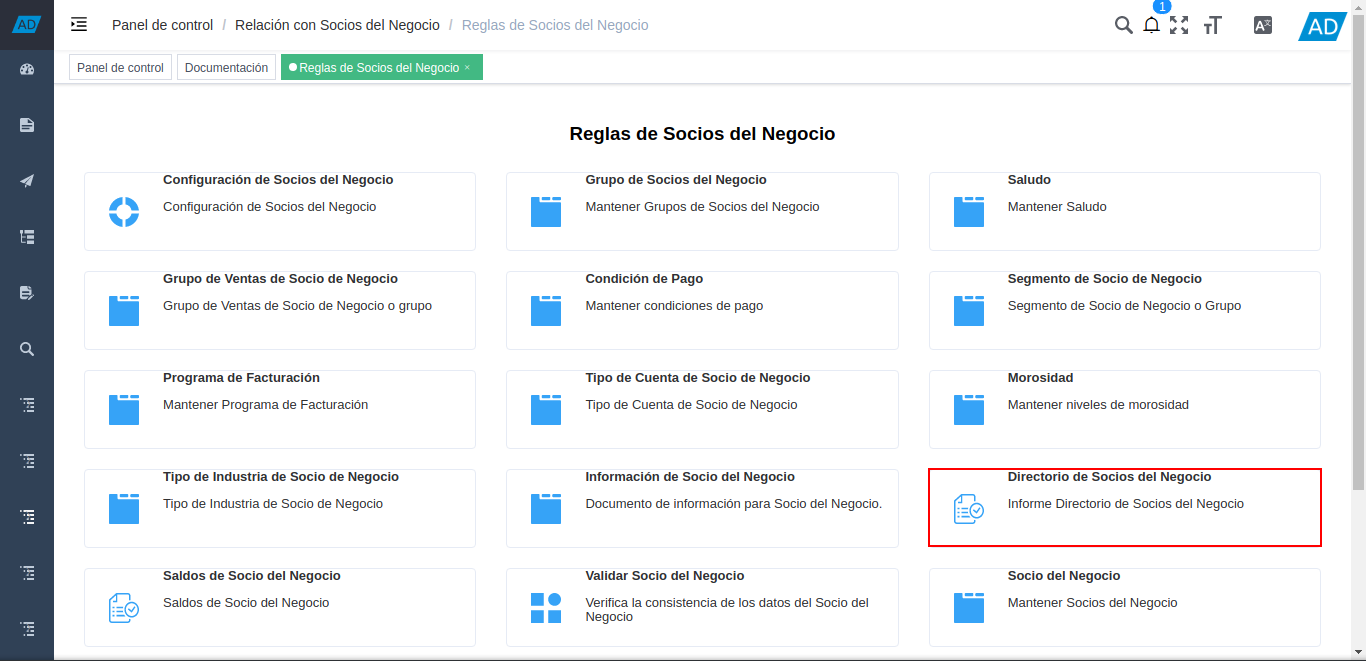 selección del reporte directorio de socios del negocio