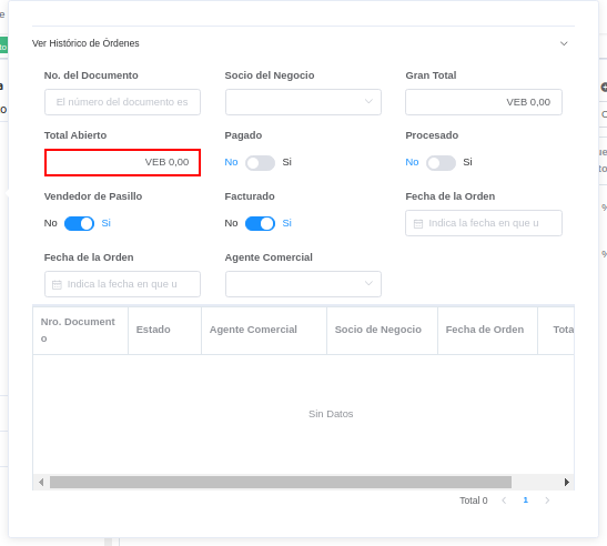 campo total abierto de la ventana histórico de órdenes