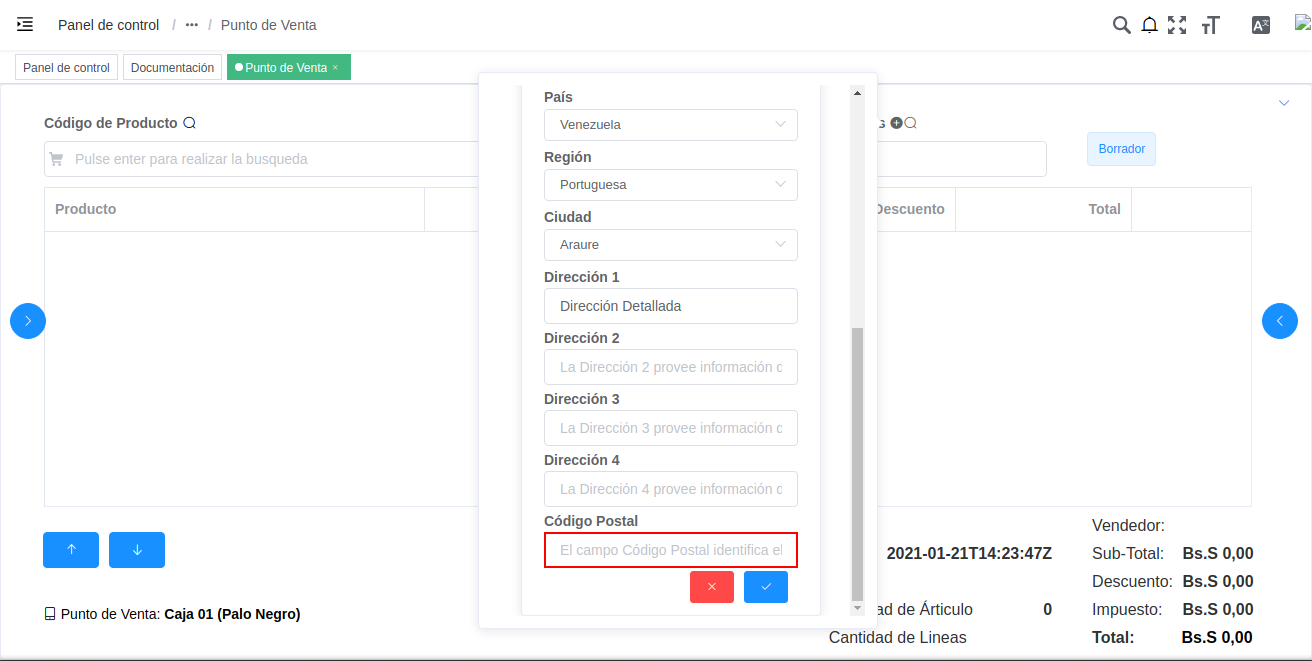 campo código postal de localización del registro nuevo del cliente