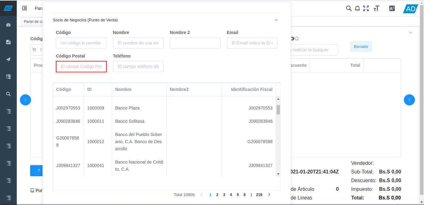 campo código postal de la ventana de búsqueda de socios del negocio