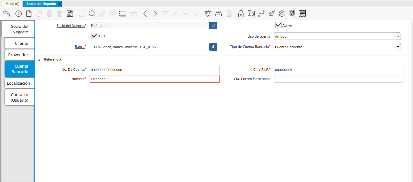 Campo Nombre del Titular de la Cuenta de la Pestaña Cuenta Bancaria del Registro Cliente