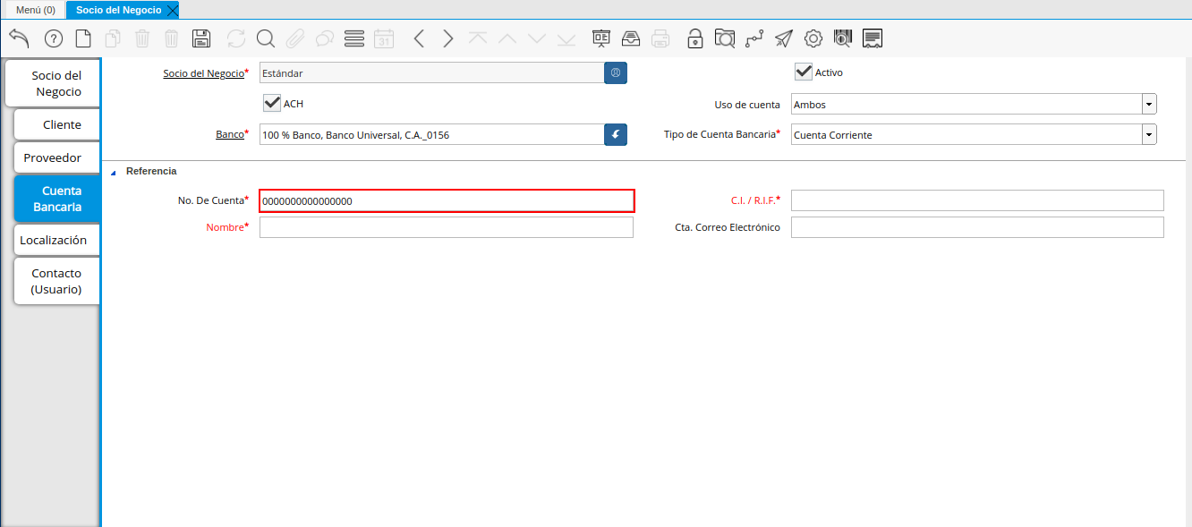 Campo Nro De Cuenta de la Pestaña Cuenta Bancaria del Registro Proveedor
