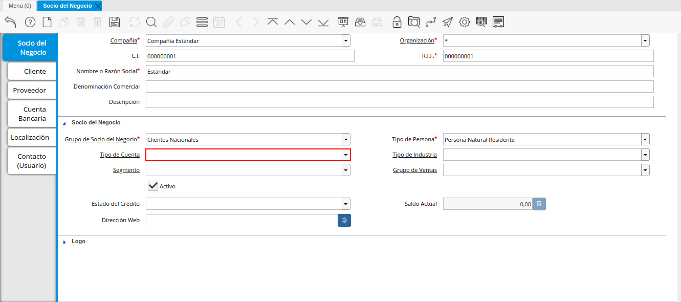 Campo Tipo de Cuenta de la Pestaña Principal Socio del Negocio