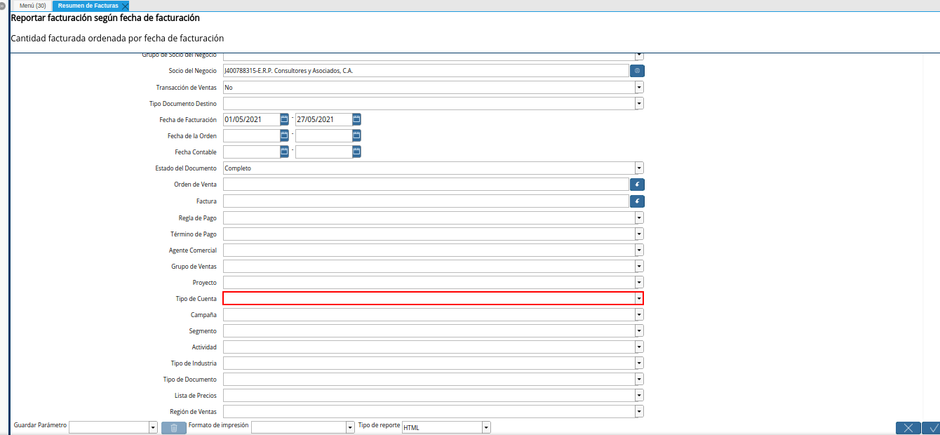 campo tipo de cuenta del reporte resumen de facturas