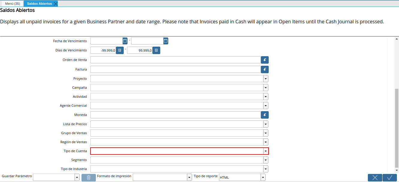 campo tipo de cuenta del reporte de saldos abiertos