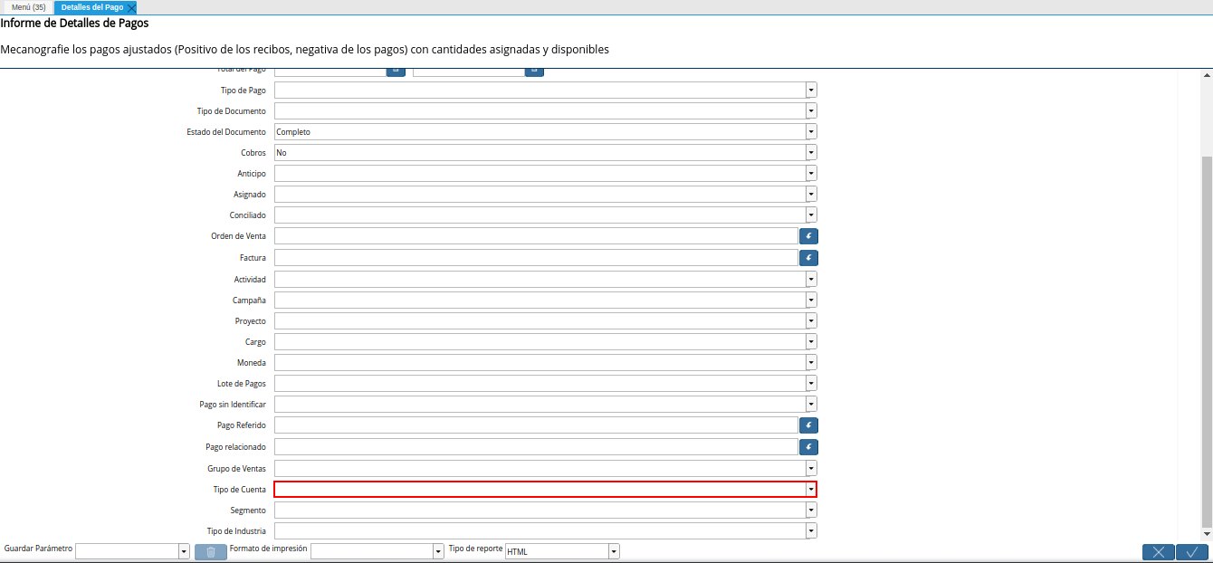 campo tipo de cuenta del reporte detalles del pago