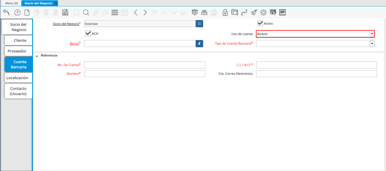 Campo Uso de Cuenta de la Pestaña Cuenta Bancaria del Registro Cliente