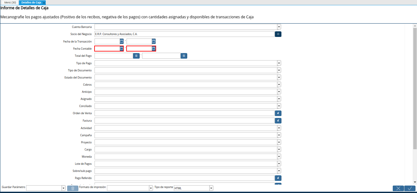 campo fecha contable del reporte detalle de caja