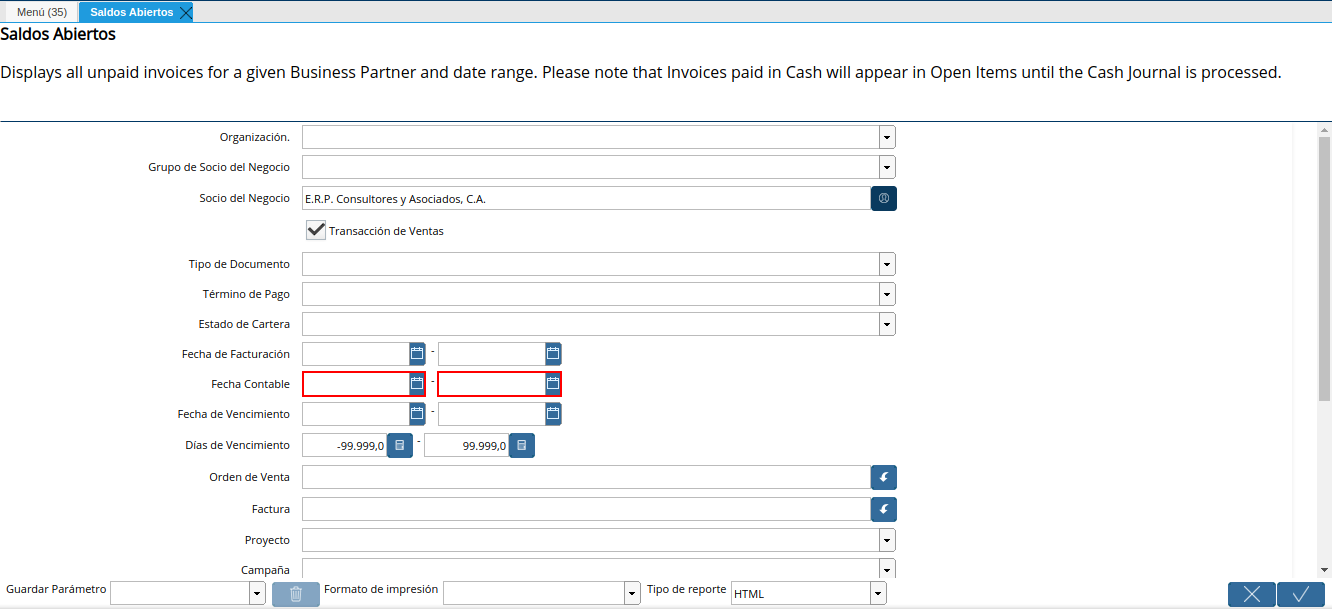 campo fecha contable del reporte de saldos abiertos