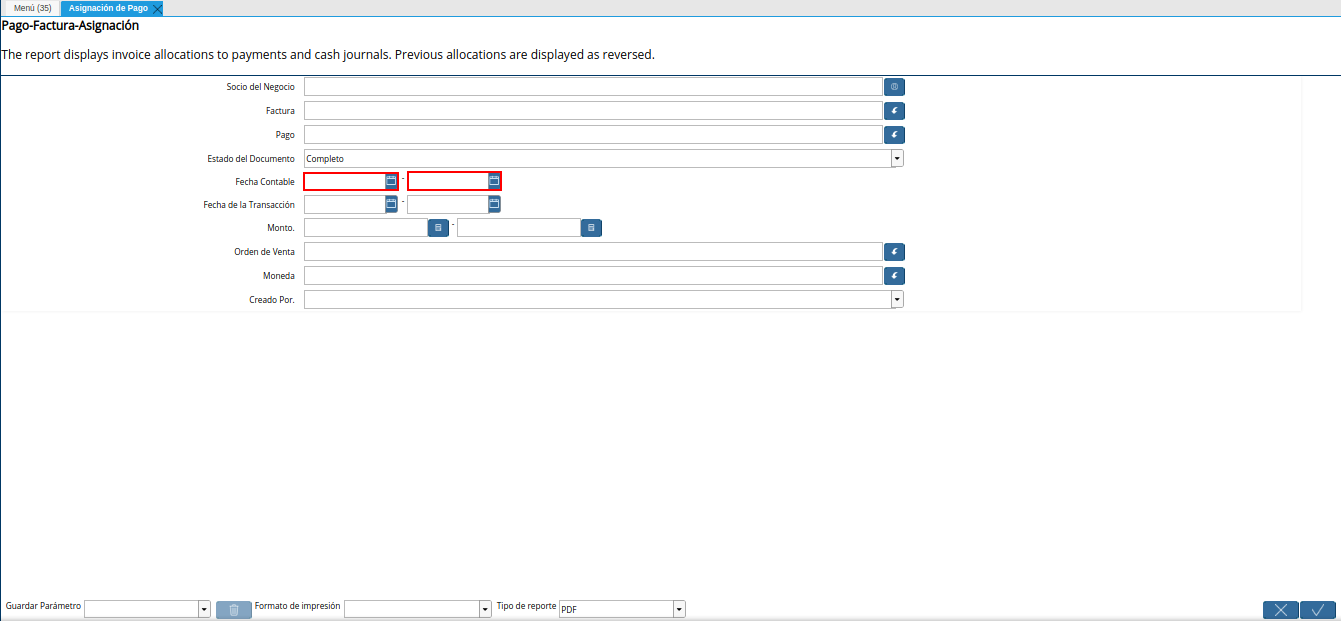 campo fecha contable del reporte asignación de pago