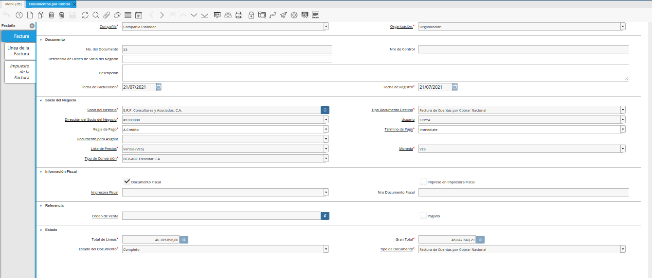 Factura de Cuentas por Cobrar