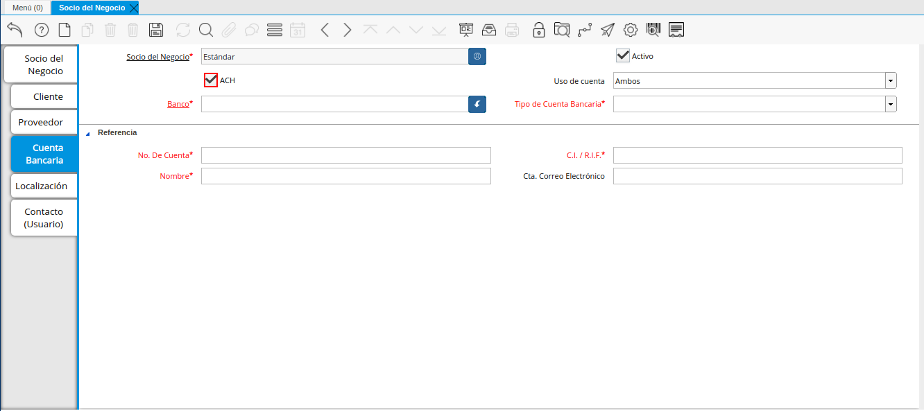 Checklist ACH de la Pestaña Cuenta Bancaria del Registro Proveedor