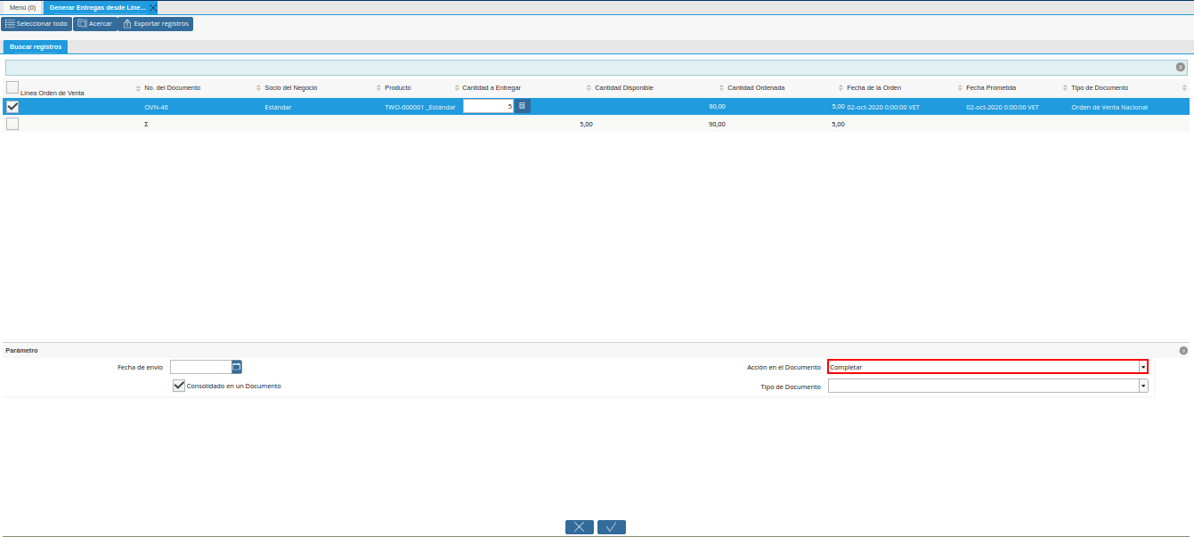 Campo Acción en el Documento de la Ventana Generar Entrega desde Líneas de la Orden